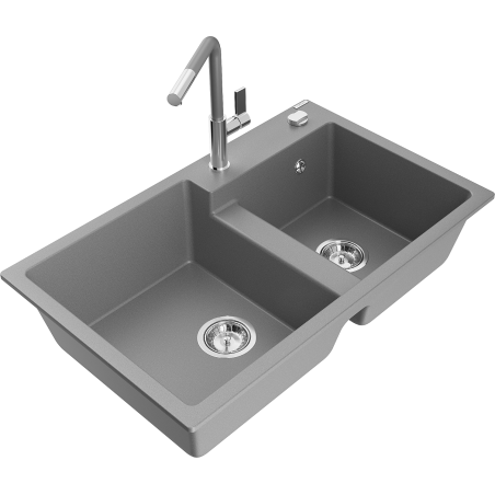 Mexen Tomas granite 2-bowl sink with Flora kitchen tap, grey - 6516-71-670401-06
