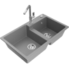 Mexen Tomas granite 2-bowl sink with Flora kitchen tap, grey - 6516-71-670401-06