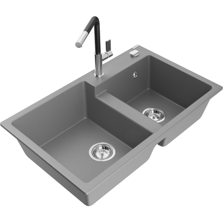 Mexen Tomas granite double-bowl kitchen sink with Flora kitchen faucet, gray - 6516-71-670401-07