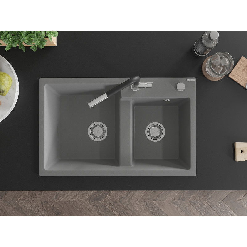 Mexen Tomas granite kitchen sink with 2 bowls and Flora kitchen tap, grey - 6516-71-670401-07