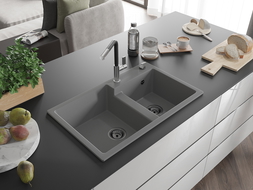 Mexen Tomas granite sink 2-chamber with Flora kitchen tap, grey - 6516-71-670401-07-B
