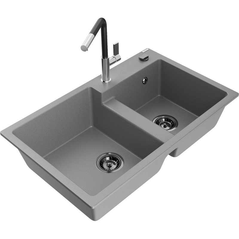 Mexen Tomas fregadero de granito 2-cubetas con grifo de cocina Flora, gris - 6516-71-670401-07-B