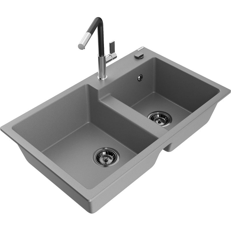 Mexen Tomas granite sink 2-chamber with Flora kitchen tap, grey - 6516-71-670401-07-B