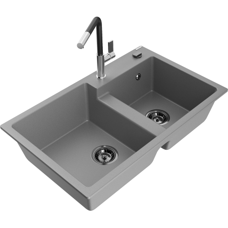 Mexen Tomas fregadero de granito de 2 compartimentos con grifo de cocina Flora, gris - 6516-71-670401-07-B