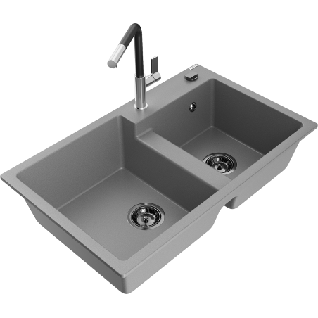 Mexen Tomas granite sink 2-chamber with Flora kitchen tap, grey - 6516-71-670401-07-B