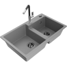 Mexen Tomas fregadero de granito 2-cubetas con grifo de cocina Flora, gris - 6516-71-670401-07-B