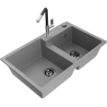 Mexen Tomas granite sink 2-chamber with Flora kitchen tap, grey - 6516-71-670401-07-B