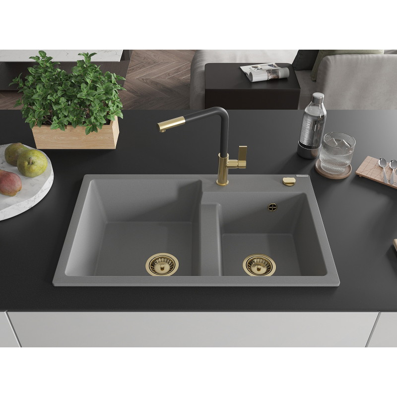 Mexen Tomas 2-Kammern Granitspüle mit Küchenarmatur Flora, grau - 6516-71-670401-57-G