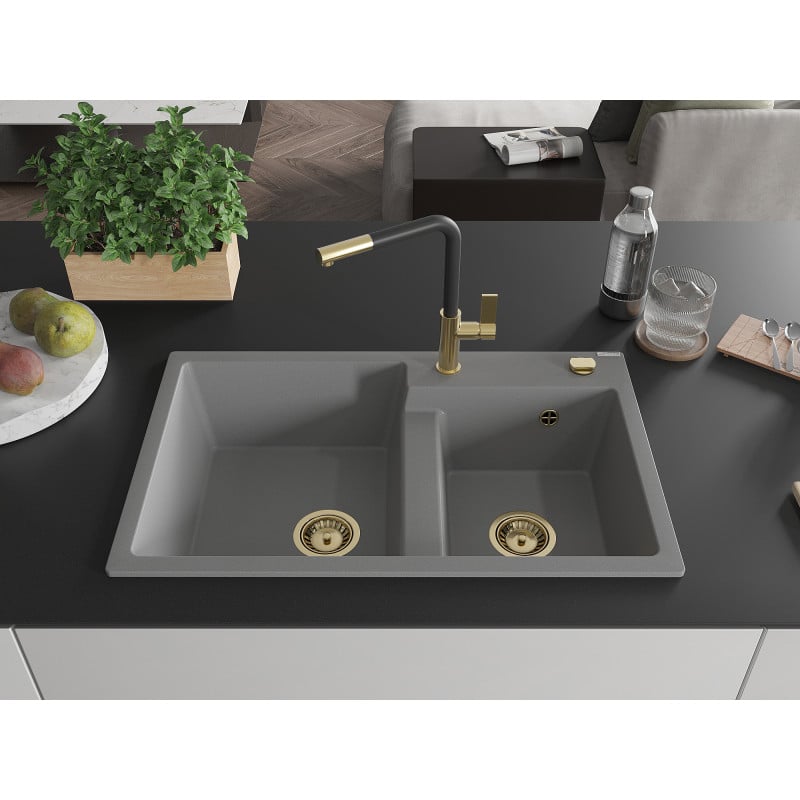 Mexen Tomas granite sink 2-bowl with Flora kitchen tap, grey - 6516-71-670401-57-G