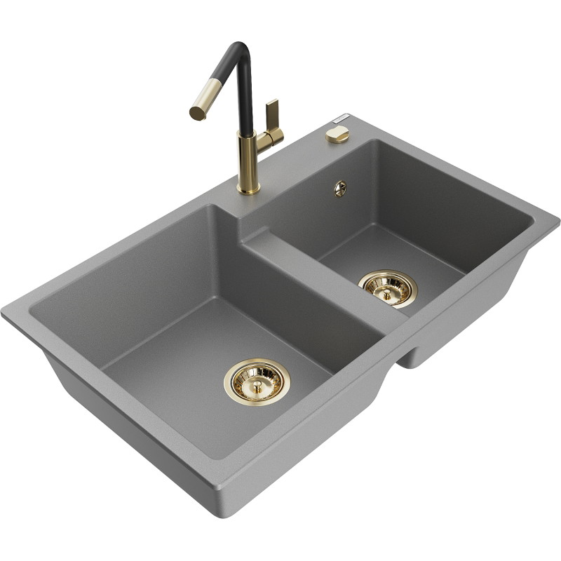 Mexen Tomas 2-Kammern Granitspüle mit Küchenarmatur Flora, grau - 6516-71-670401-57-G