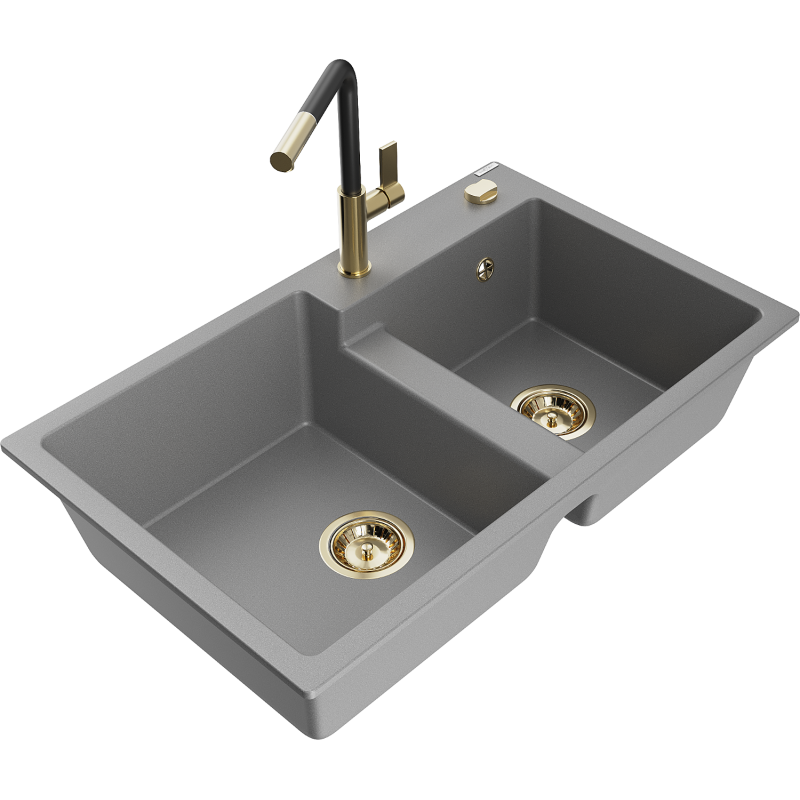 Mexen Tomas granitais izlietne ar divām nodalījumiem un Virtuves Jaucējkrāns Flora, pelēks - 6516-71-670401-57-G