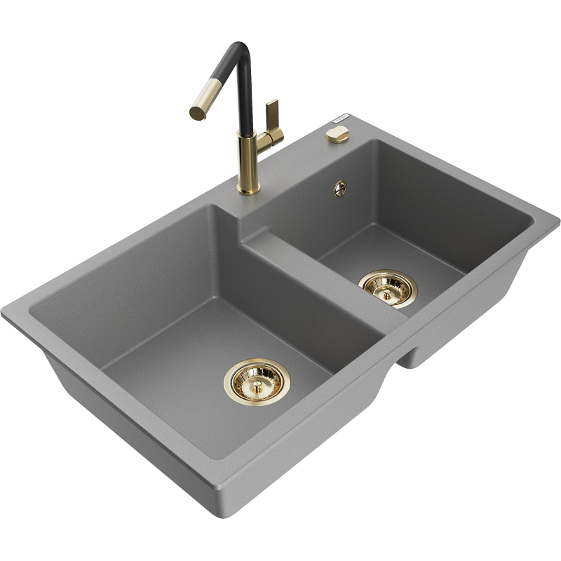 Mexen Tomas granite sink 2-bowl with Flora kitchen tap, grey - 6516-71-670401-57-G