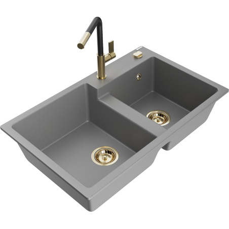 Mexen Tomas fregadero de granito de 2 compartimentos con grifo de cocina Flora, gris - 6516-71-670401-57-G