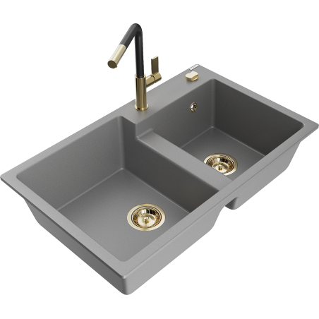 Mexen Tomas granite sink 2-bowl with Flora kitchen tap, grey - 6516-71-670401-57-G