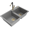 Mexen Tomas granite kitchen sink 2-chamber with Flora kitchen faucet, gray - 6516-71-670401-57-G