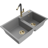 Mexen Tomas granite sink 2-bowl with Flora kitchen tap, grey - 6516-71-670401-57-G