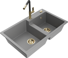 Mexen Tomas granite sink 2-bowl with Flora kitchen tap, grey - 6516-71-670401-57-G