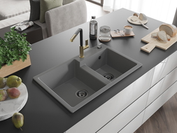 Mexen Tomas granite kitchen sink 2-bowl with Flora kitchen tap, grey - 6516-71-670401-57-B