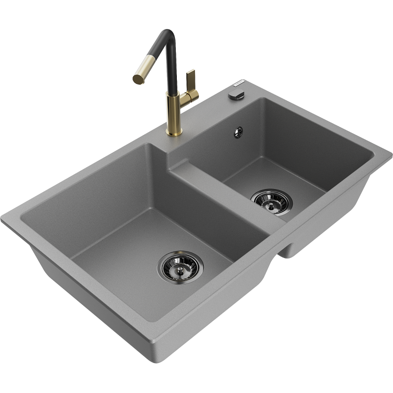 Mexen Tomas granite kitchen sink 2-bowl with Flora kitchen tap, grey - 6516-71-670401-57-B