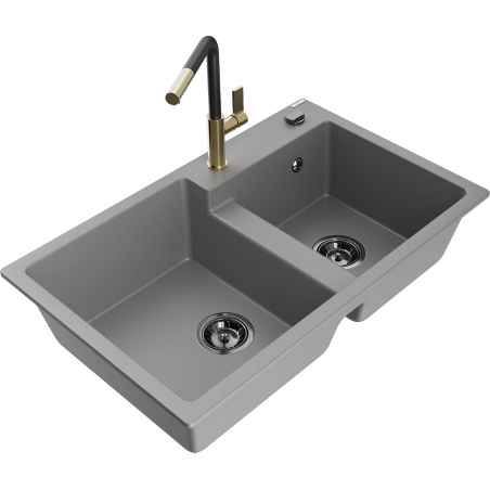 Mexen Tomas fregadero de granito de 2 compartimentos con grifo de cocina Flora, gris - 6516-71-670401-57-B