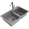 Mexen Tomas granite kitchen sink 2-bowl with Flora kitchen tap, grey - 6516-71-670401-57-B