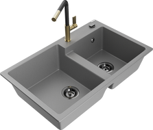 Mexen Tomas granite kitchen sink 2-bowl with Flora kitchen tap, grey - 6516-71-670401-57-B