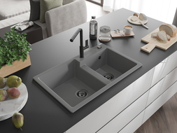 Mexen Tomas granite sink 2-bowl with Flora kitchen tap, grey - 6516-71-670401-70-B