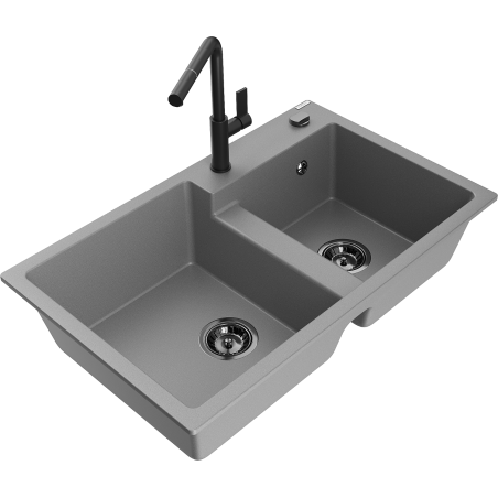 Mexen Tomas fregadero de granito de 2 compartimentos con grifo de cocina Flora, gris - 6516-71-670401-70-B