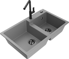 Mexen Tomas fregadero de granito de 2 compartimentos con grifo de cocina Flora, gris - 6516-71-670401-70-B