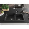 Mexen Tomas Granitspüle 2-Kammer mit Küchenarmatur Flora, schwarz/silbermetallik - 6516-73-670401-00