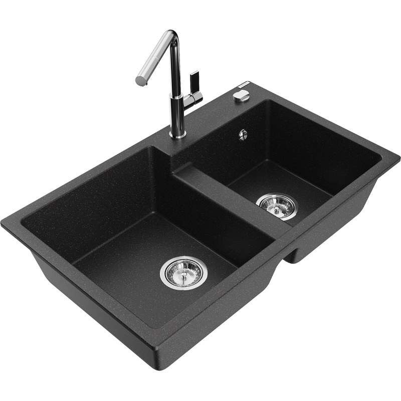 Mexen Tomas granieten spoelbak met 2 compartimenten en keukenmengkraan Flora, zwart/zilver metallic - 6516-73-670401-00