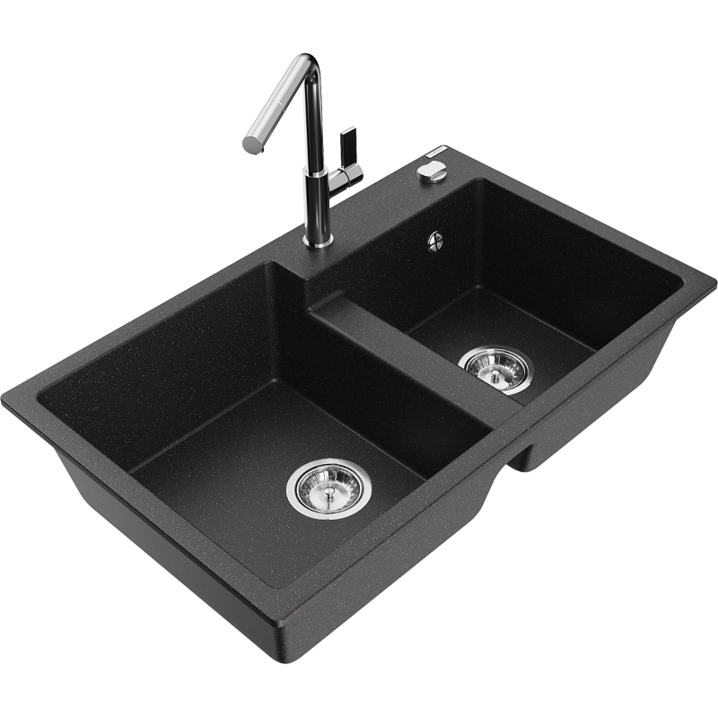 Mexen Tomas granite sink, 2-compartment, with Flora kitchen faucet, black/silver metallic - 6516-73-670401-00