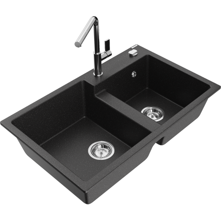 Mexen Tomas granieten spoelbak met 2 compartimenten en keukenmengkraan Flora, zwart/zilver metallic - 6516-73-670401-00