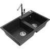 Mexen Tomas granite sink, 2-compartment, with Flora kitchen faucet, black/silver metallic - 6516-73-670401-00