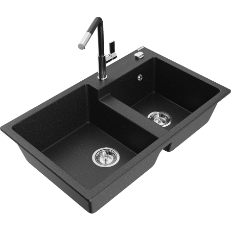 Mexen Tomas fregadero de granito de 2 compartimentos con grifo de cocina Flora, negro/plata metálico - 6516-73-670401-07
