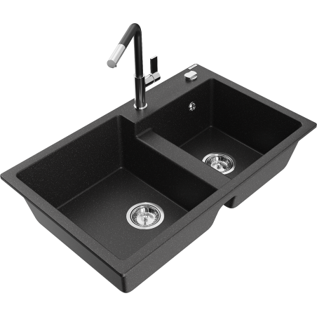 Mexen Tomas granite kitchen sink 2-bowl with Flora kitchen tap, black/silver metallic - 6516-73-670401-07