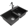 Mexen Tomas fregadero de granito de 2 compartimentos con grifo de cocina Flora, negro/plata metálico - 6516-73-670401-07
