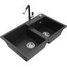 Mexen Tomas granite kitchen sink 2-bowl with Flora kitchen tap, black/silver metallic - 6516-73-670401-07
