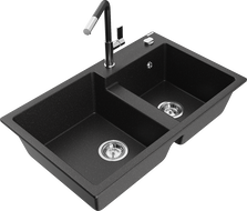 Mexen Tomas granieten spoelbak met 2 kamers en keukenkraan Flora, zwart/zilver metallic - 6516-73-670401-07