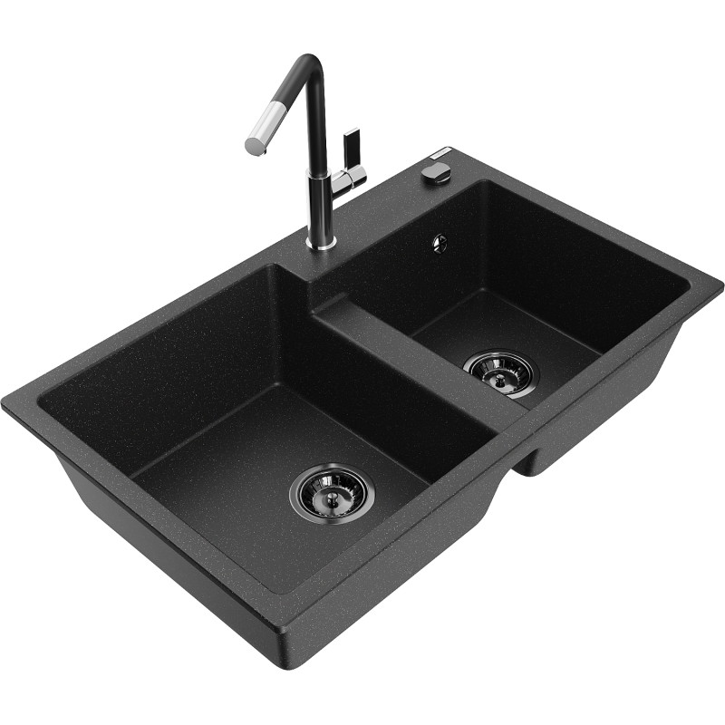 Mexen Tomas fregadero de granito de 2 compartimentos con grifo de cocina Flora, negro/plata metálica - 6516-73-670401-07-B