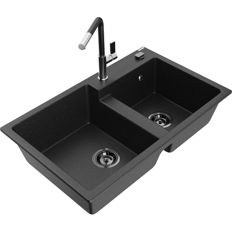 Mexen Tomas lava-loiça de granito de 2 cubas com torneira de cozinha Flora, preto/prateado metálico - 6516-73-670401-07-B