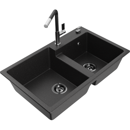 Mexen Tomas Granitspüle 2-Becken mit Küchenarmatur Flora, schwarz/silber metallisch - 6516-73-670401-07-B