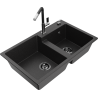 Mexen Tomas Granitspüle 2-Kammer mit Küchenarmatur Flora, schwarz/silber metallic - 6516-73-670401-07-B
