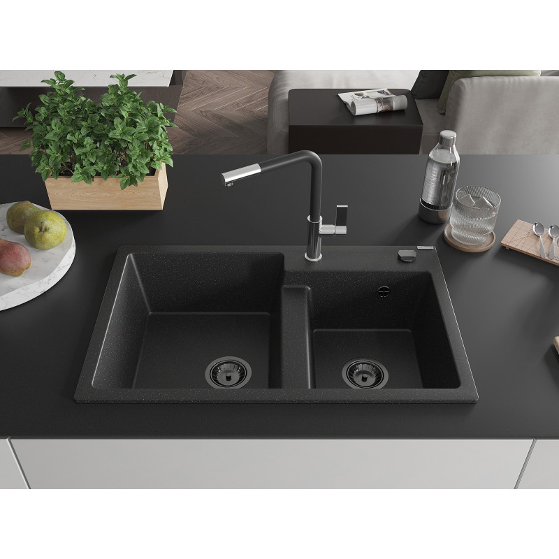 Mexen Tomas Granitspüle 2-Kammer mit Küchenarmatur Flora, schwarz/silber metallic - 6516-73-670401-07-B