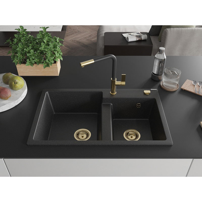 Mexen Tomas lavello in granito a 2 vasche con miscelatore da cucina Flora, nero/argento metallico - 6516-73-670401-57-G