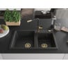 Mexen Tomas 2-chamber granite sink with Flora kitchen faucet, black/silver metallic - 6516-73-670401-57-G