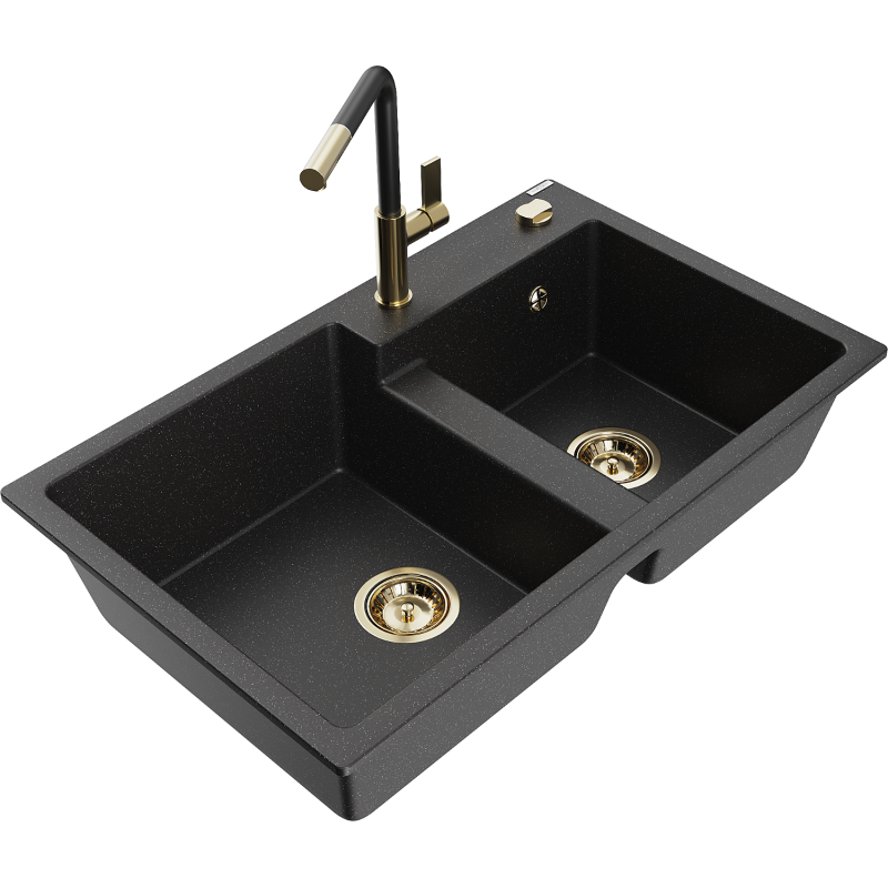 Mexen Tomas 2-Kammer Granitspüle mit Küchenarmatur Flora, schwarz/silber metallisch - 6516-73-670401-57-G
