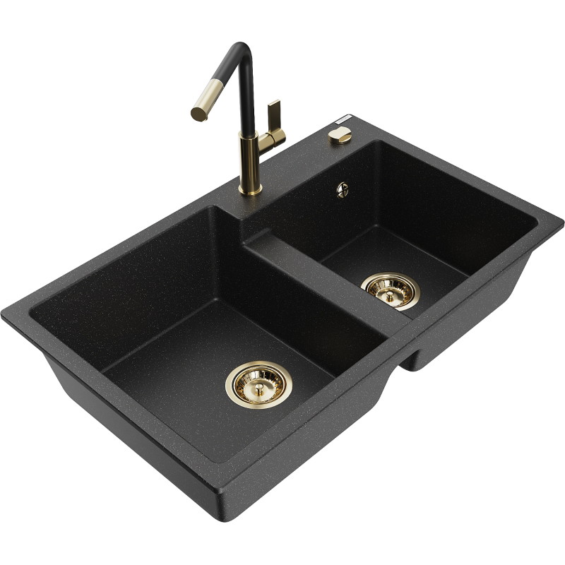 Mexen Tomas granitspüle 2-kammer mit küchenarmatur Flora, schwarz/silber metallic - 6516-73-670401-57-G