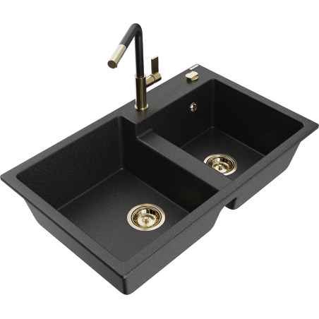 Mexen Tomas granite sink 2-bowl with Flora kitchen tap, black/silver metallic - 6516-73-670401-57-G