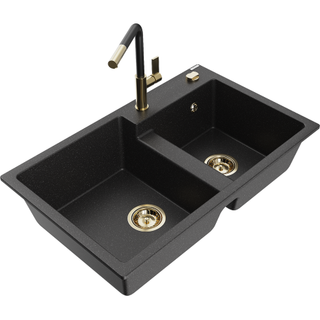 Mexen Tomas granitspüle 2-kammer mit küchenarmatur Flora, schwarz/silber metallic - 6516-73-670401-57-G